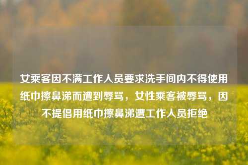 女乘客因不满工作人员要求洗手间内不得使用纸巾擦鼻涕而遭到辱骂，女性乘客被辱骂，因不提倡用纸巾擦鼻涕遭工作人员拒绝